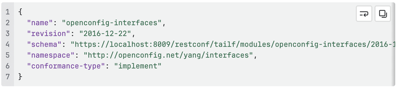 Each entry in the response includes the module name, its revision date, and — crucially — a ready-to-use schema URL: